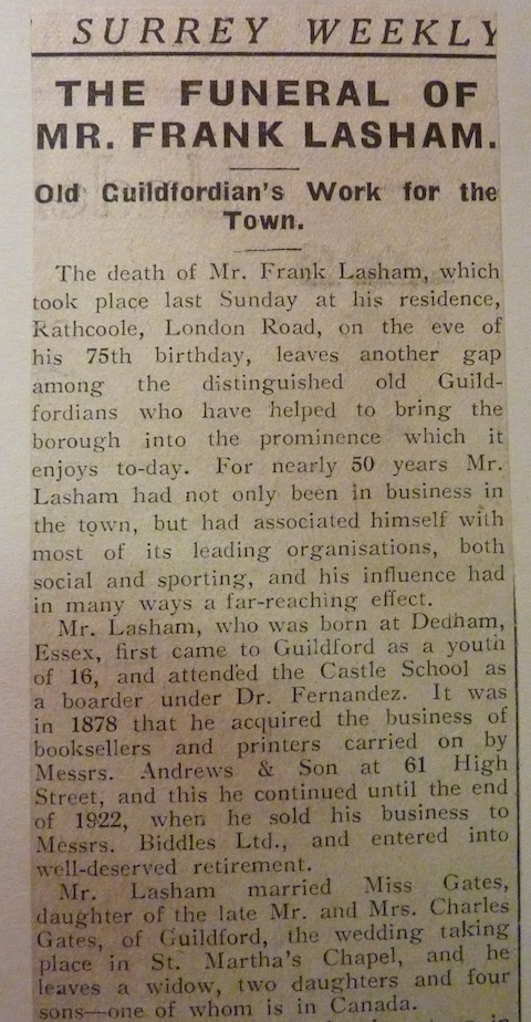 A newspaper cutting from the Surrey Weekly Press on the death of Frank Lasham. More interesting details in that he married into the Gates family of Cow & Gate fame.