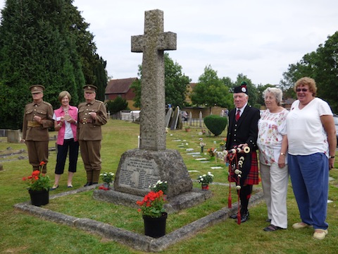 Pictured on the left Julian Martin and Arthur Dunipace from the Surrey Infantry Museum. with  Carol Salter from the Burpham Will Remember Them project. Piper Kenneth Thompson and Irene Dredge and Christine Willott, also from the Burpham project.