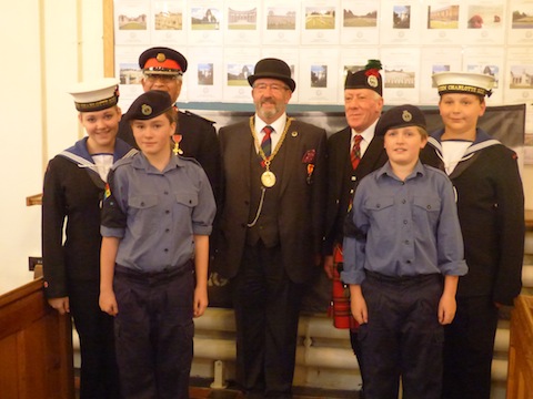 Young cadets pictured with Deputy Lieutenant David Hyper, Mayor David Elms and piper Kenneth Thompson.