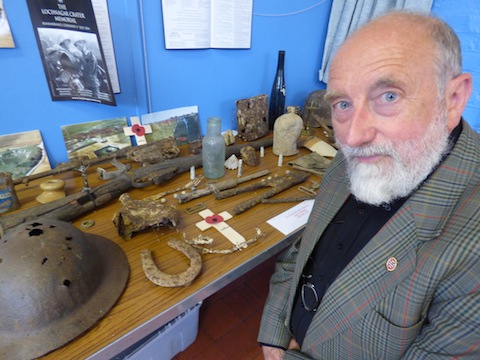 Richard Dunning with his display of items recovered in and around the Lochnagar Crater on the Somme.