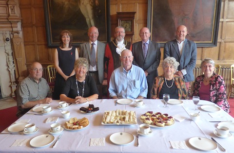 Inside the Guildhall. Back row, from left, Worplesdon parish clerk, Gaynor White; Cllr and parish cllr Bob McShee; the Mayor of Guildford, David Elms; Worplesdon parish chairman, Dr Paul Cragg, local historian David Rose. Front row: the American visitors and far right Ann McShee, admin assistant Worplesdon Parish Council.