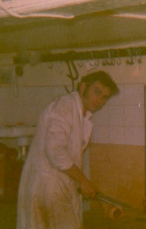 In Bernard's cutting room. Look how low the ceiling was. I am 6ft 4inches tall. This must be  about 1973 as  we changed from whites to brown coats about this time.