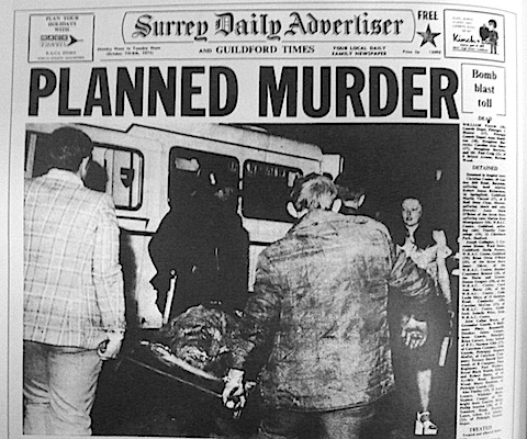 Front page of the edition of the Surrey Daily Advertiser following the bombings.