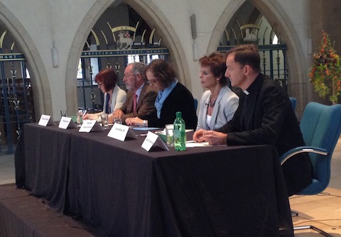 One of the panel line ups at Guildford Cathedral takes questions from students.