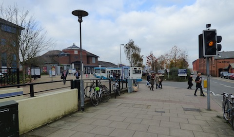 The current view to the entrance of Guildford railway station.