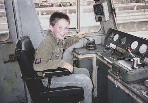 The Author's nephew Jonathan Burch realises every boys dream when he visits the cab of a Class 47 at Guildford before his uncle departs for Reading with a cross-country service in August 1985. Photo: Geoff Burch.