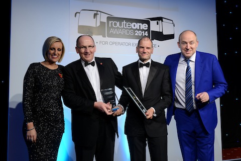 Andrew Halliday, managing director of Safeguard Coaches (third from left) being presented with the award by Mark Griffin of RouteONE (second from left), with BBC Breakfast business presenter Steph McGovern and comedian Tim Vine.