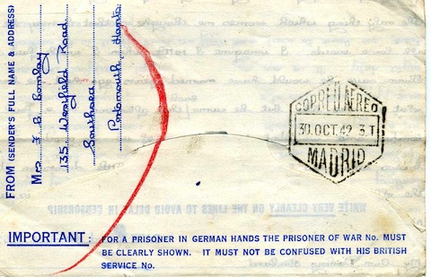 The reverse of the air mail letter with a Madrid stamp.