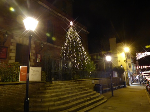 A view today looking towards Holy Trinity Church and its Christmas tree with 'old fashioned' style street lamps.