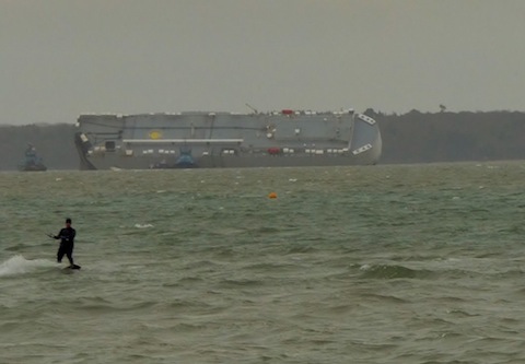Cargo ship stricken in the Solent.