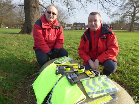 Guildford Borough Council community wardens Garry Jones and Andy Coumbe with items in the free cycle safety packs.