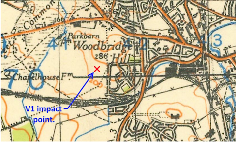 Map from 1940 with an X marking the spot where the V1 fell in 1944.