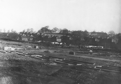 A view looking towards Foxburrows Avenue when construction was starting for the Westborough prefab houses (roughly where the Southway roundabout is today). This picture may have been taken after the V1 crashed in this area.