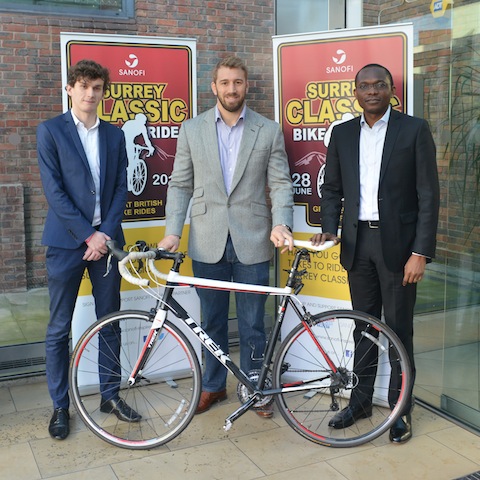 Pictured from left: Max Turner (Teenage Cancer Trust), England rugby captain Chris Robshaw and Tunde Falode (Sanofi director).