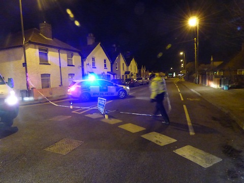 Aldershot Road at its junction with Northway closed to through traffic on Monday evening.