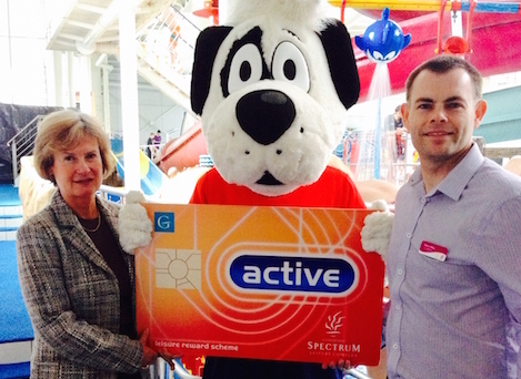 Karen Capel and Steve May with Guildford Spectrum's mascot Specky.