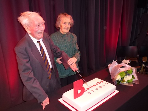 Bill and Doreen Bellerby cut a cake at the naming of The Bellerby Studio at G Live in their honour in 2014. Picture by Martin Giles.