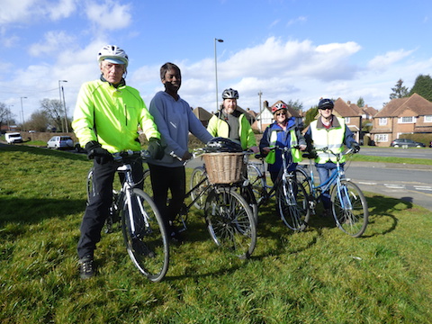 Cycle trainer Terry Duckmanton (centre) with his first four pupils, pictured near Aldershot Road.