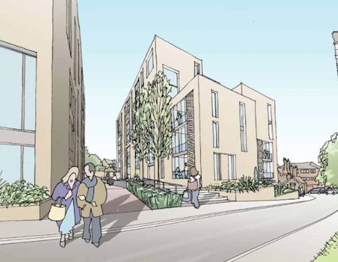The view through the proposed development northwards towards the Portsmouth Road.