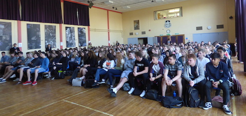 Students at George Abbot School listen to the panel answer the questions put to them.