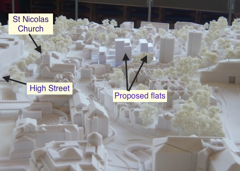 A scale model at the exhibition allowed a comparison of the proposed apartment blocks with existing neighbouring buildings.