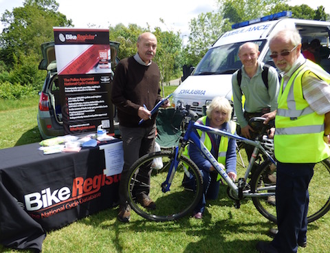 Fee security bike marking was also available. In the picture: neighbourhood watch administrator and Surrey Police volunteer Anthony Fielding, one of the event's main organisers Sheila Willis, Steve Payne from Glade and volunteer Neil Smith. Lots of other cycling giveaway were also snapped up on the day.