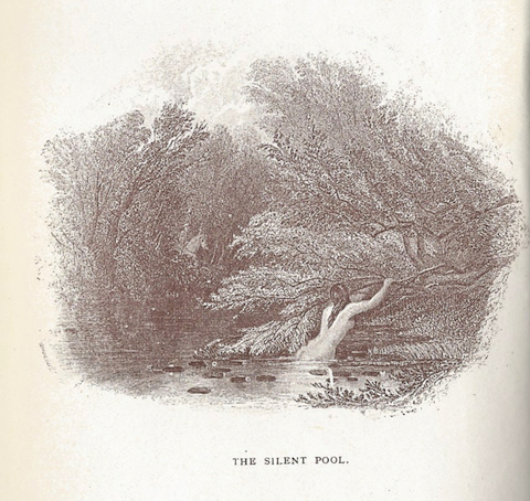 Emma, the woodsman's daughter in Tupper's book, is seen bathing in the Silent Pool. King John can be seen on his steed emerging through the trees.