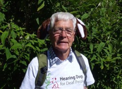 Keith Chestrton suitably equipped with extra ears ready for his fund raising walk to celebrate his 80th birthday.