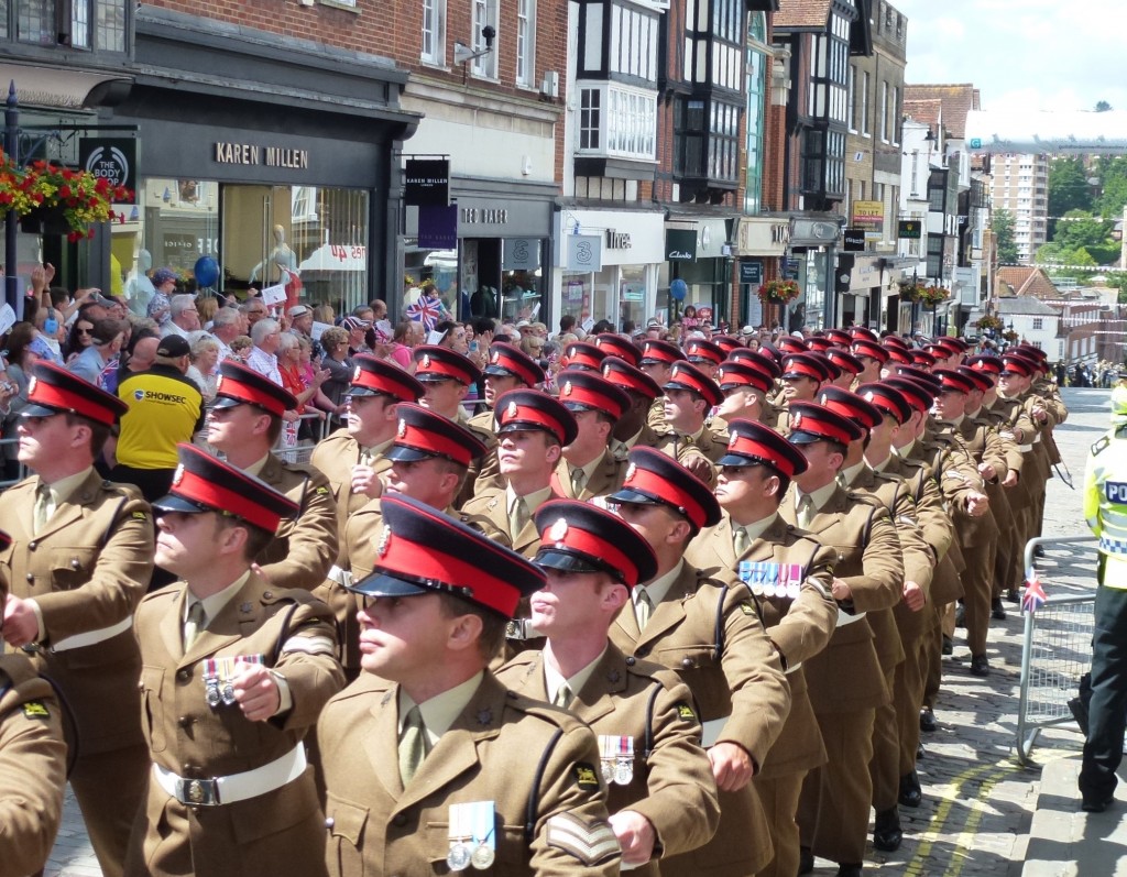 A contingent of our local regiment made up of men from the 1st and 3rd battalions of the Princess of Wales' Royal Regiment. The number of medals worn shows the contribution made by the regiment in recent conflicts.
