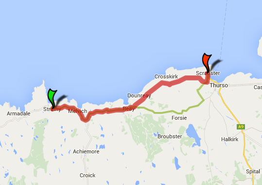 Our planned route from Strathy to Thurso. In fact, we took the back route further inland.