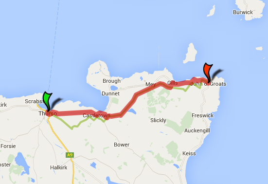 Thurso to John O'Groats - 20 miles. In fact we kept to the coast road so that we could visit the Castle of Mey.