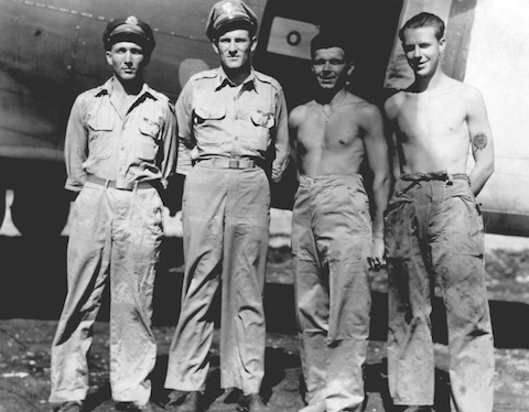Standing, probably with 'Lilly bell II' behind there, from left: 1st Lt. Mercer Avent; unknown Lt, probably the regular co-pilot; Technical Sgt. John Hilmer (flight enginee / crew chief); Staff Sgt. Dale Dillinger (radio operator). The photo was possibly taken in North Africa or Italy given the apparent heat. Note the white hand-painted identification stripe behind and to the right of Dellinger. This means the photo must be post June 6, 1944. Picture courtesy of Sue Standidge.