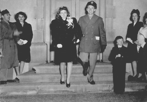 Happier times: 1st Lt. Mercer Avent and Lillian Bell’s wedding December 24, 1943, at the Main Post Chapel, Fort Bragg, North Carolina. On the extreme right edge of the photo the lady holding a baby is Lucile Holland (nee Bell), Lillian’s sister. The baby is Sue Holland later to become Sue Sandidge. The small boy is Floyd A. (Bunny) Bell, Lillian’s brother. Why Bunny? He was born on Easter day. Picture courtesy of Sue Standidge.
