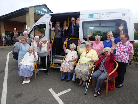 Picture on one of the new community transport vehicles with clients and volunteers at the Park Barn Centre, from left: Cllr Julia McShane; Mayor Nikki Nelson-Smith and Cllr Tony Rooth.