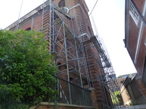 Scaffolding on the west end of Holy Trinity Church.