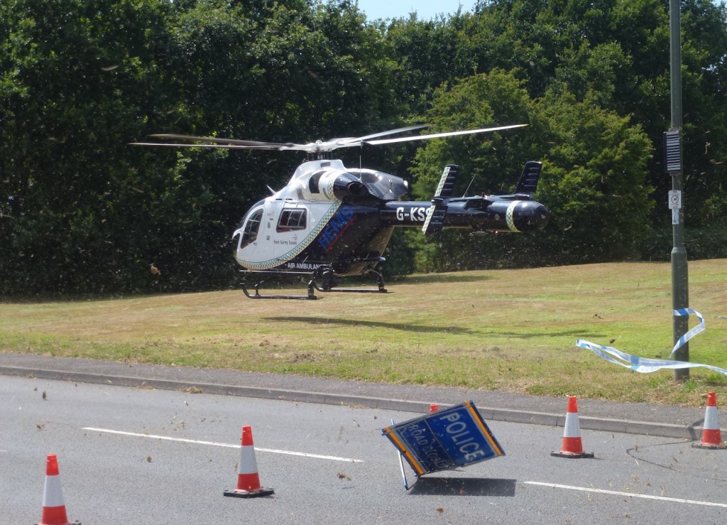 The Kent, Surrey and Sussex air ambulance takes off.