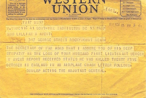 Telegram notifying the death of Mercer Avent. Picture courtesy of Sue Standidge.