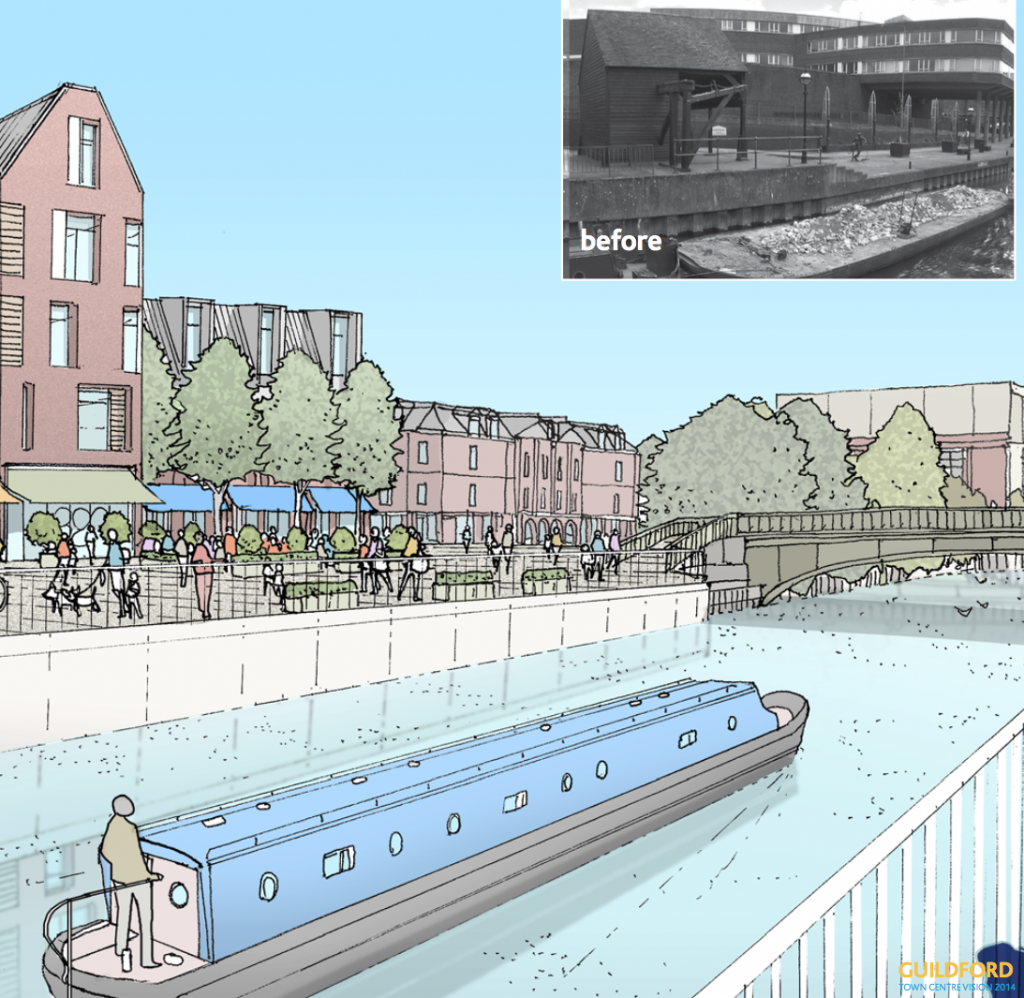 An artists impression of how the riverside area of the Farnham Road car park could be developed.