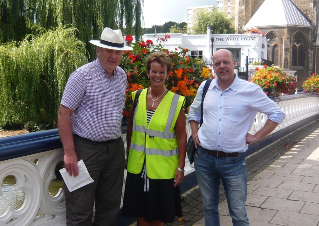 Anne Milton with Martin Giles (left) and David Rose about to head off on a history walk of Guildford.
