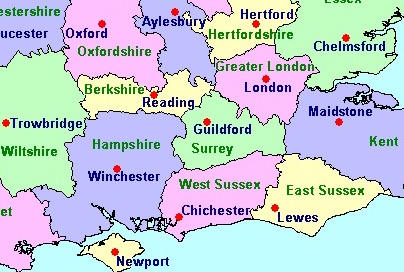 Extract from a map showing English counties and the designated county towns.