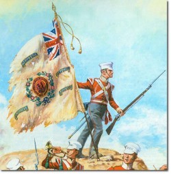 A water colour of Sgt McCabe with the Regimental Colour on the Sikh ramparts.