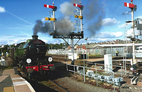 The locomotive at Worcester pictured with the semaphore signals.