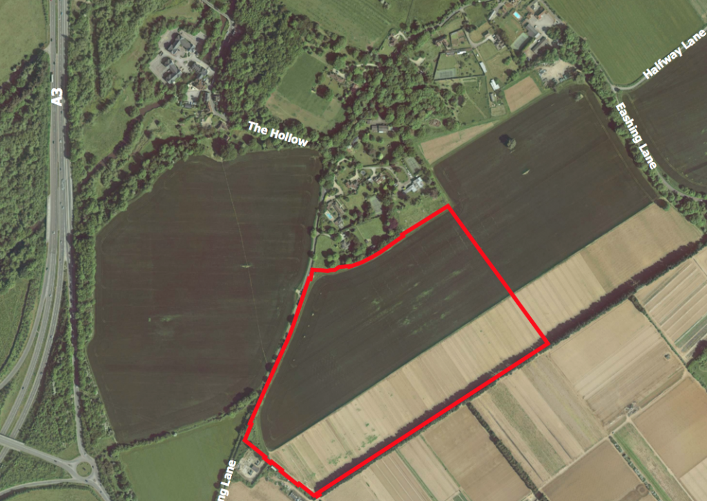 Aerial photograph showing the proposed boundary of the Eashing Solar Farm. The A3 can be seen to the left of the image.