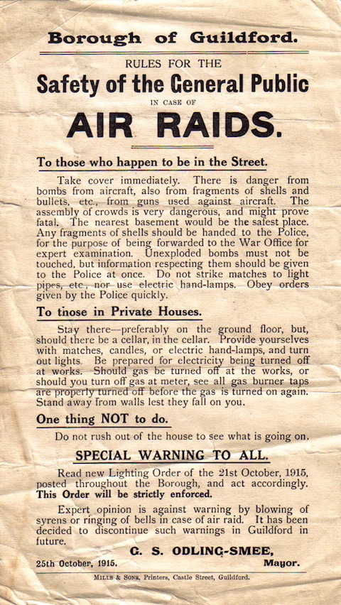 Air raid warning poster issued by the Borough of Guildford after the raid of October 13, 1915.