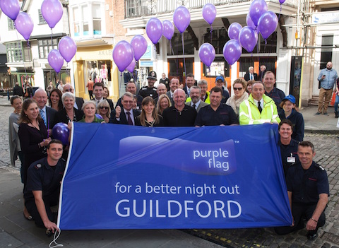 Ready to fly the Purple Flag in Guildford town centre.