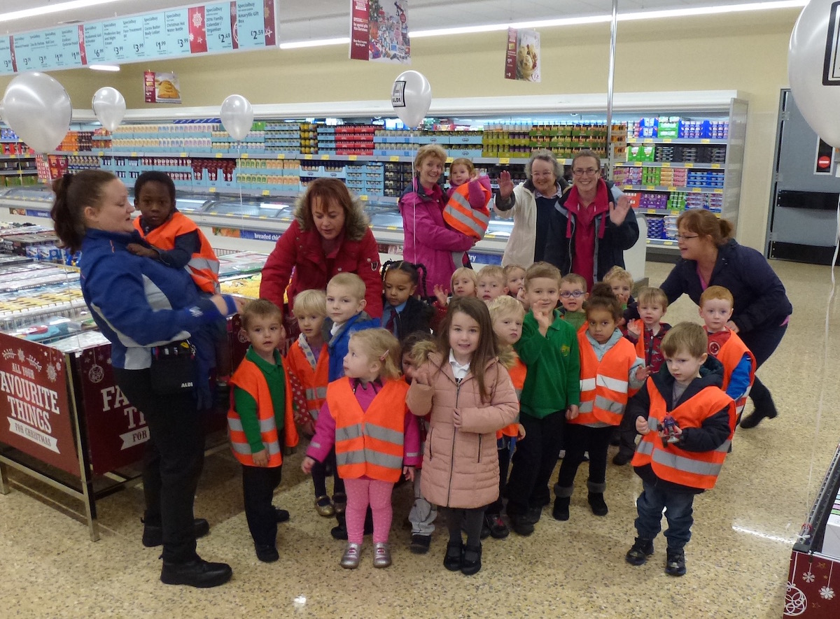 Some of the local schoolchildren who were at the opening of the Aldi store.