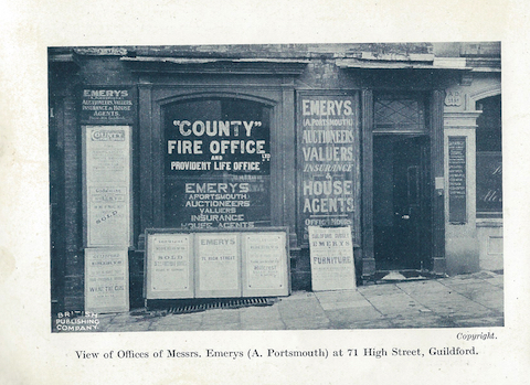 The booklet features a photo of Emerys office in the High Street. This is where later Clarke Gammon & Emerys (later still Clarke Gammon) was based. To the right was then a branch office and depot of Maidstone brewers Fremlins. The stonework surround with a date of 1889 remains to this day and is now the High Street entrance to Phoenix Court.