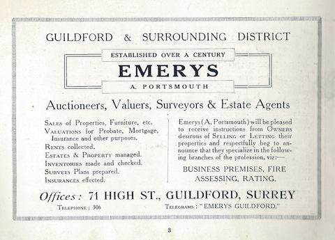 Details about Emery in its booklet It appeared to have been founded in the early 19th century and in 1923 was owned by someone by the name of A. Portsmouth. Note under the services offered: 'rents collected'. This would be 'letting agents' today.