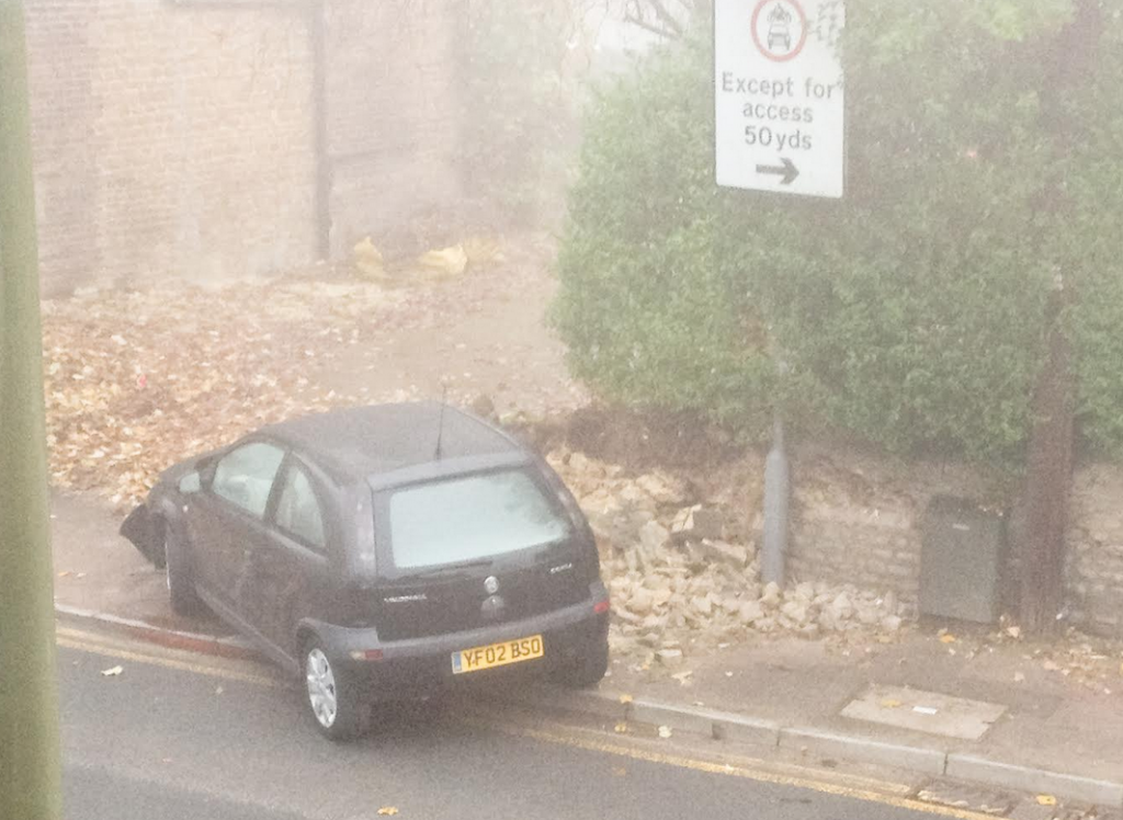 The collision with the Vauxhall Corsa left the bargate stone wall in ruins for the second time within the last few years.