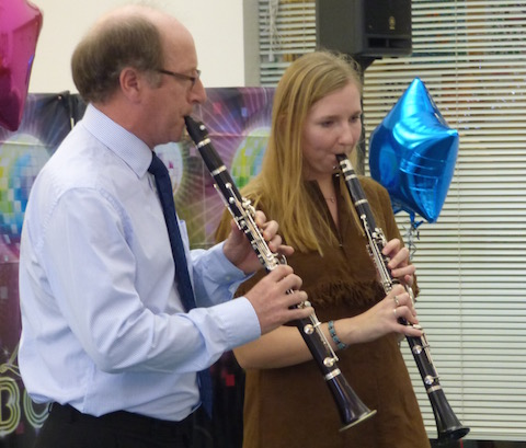 The centre manager, Katie Pirbworth and GBC's head of health and community care services, John Martin, perform a clarinet duet.